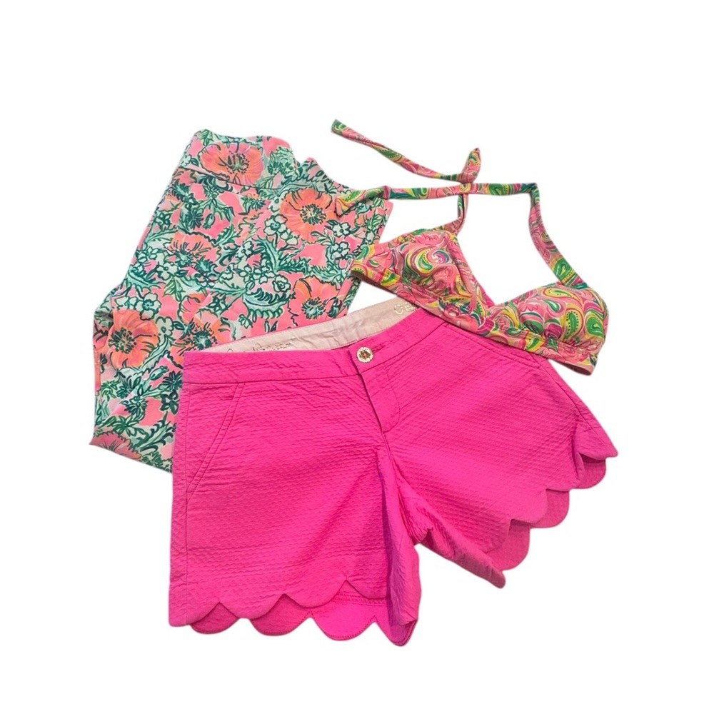 Lilly Pulitzer Bikini Top, Pink Scalloped Shorts and athletic pants bundle